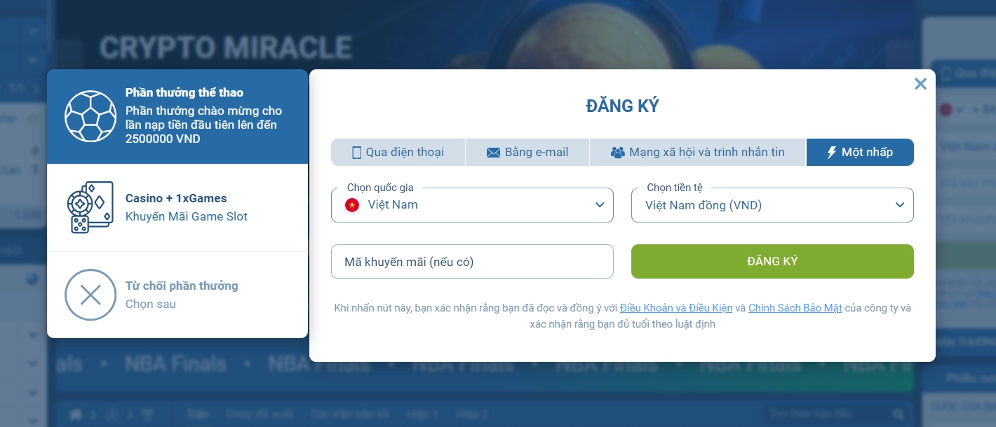 1xbet_Chọn quốc gia (Việt Nam) và loại tiền tệ ưa thích (VND)